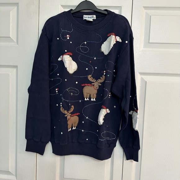 Saul Away Women’s Skating Polar & Moose Christmas Sweater Size S Blue  Sequins - Picture 1 of 7